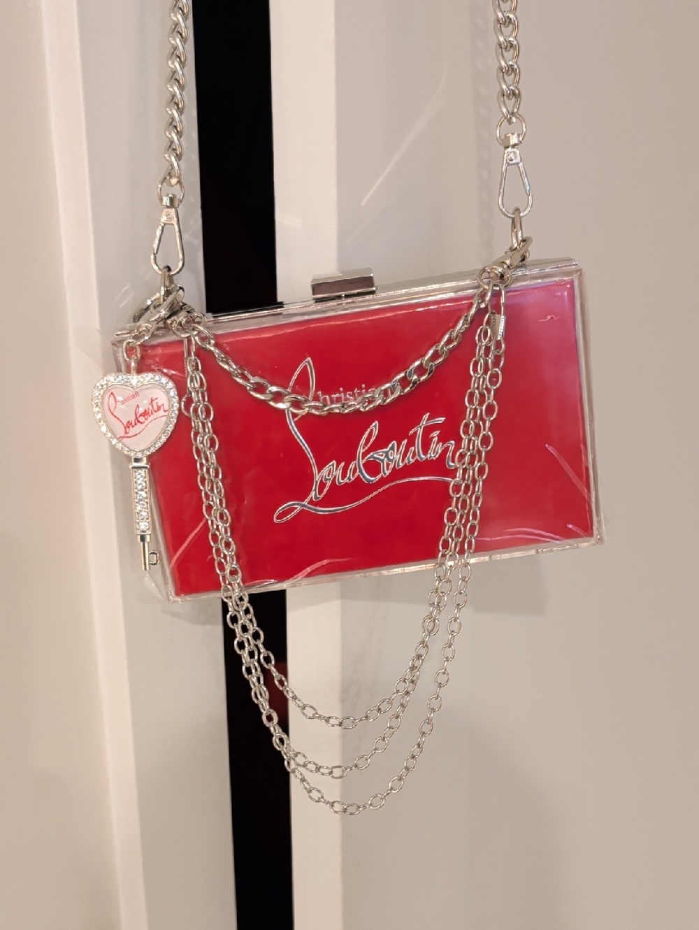 Upcycled Red Acrylic Logo Box Clutch with Silver Chains